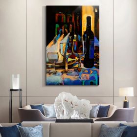 Framed Canvas Wall Art Decor Abstract Style Painting,Wine Bottle with Glasses on Bar Painting Decoration For Bar, Restrant, Kitchen, Dining Room