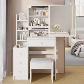 Small Space Left Bedside Cabinet Vanity Table + Cushioned Stool, Extra Large Right sliding mirror, Multi Layer High Capacity Storage