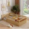 Twin Floor Bed Frame with Fence, Wood Kids Floor Beds Frame for Bedroom Playroom,Natural(Expect arrive date Jun. 21st)